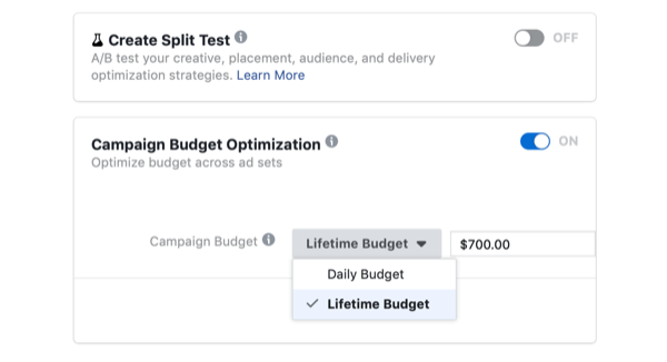 odabir optimizacije proračuna kampanje i doživotnog proračuna za Facebook kampanju na dan brze prodaje