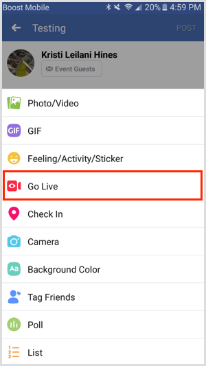Opcija Go Live za Facebook događaj putem Facebook mobilne aplikacije