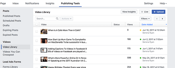 Vaša Facebook videoteka sadrži sve vaše objavljene i neobjavljene videozapise. Videozapisi sa žutom točkom nisu objavljeni, a videozapisi sa zelenom točkom objavljeni su.
