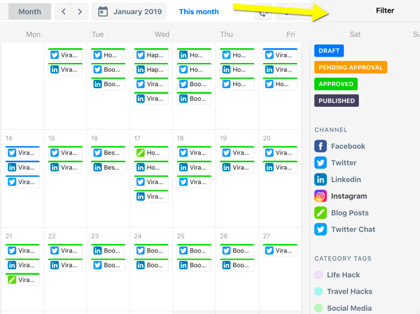 Kako organizirati marketinške zadatke na društvenim mrežama, pregled kalendara ContentCal s filtrima