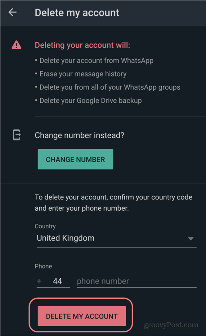 Izbriši postavke računa WhatsApp potvrdite prekid