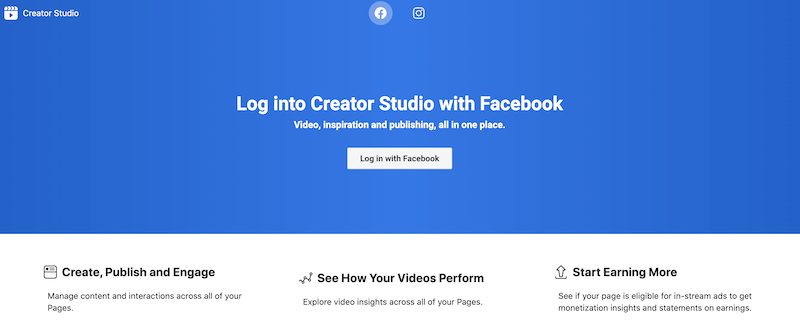 Stranica za prijavu na Facebook Creator Studio