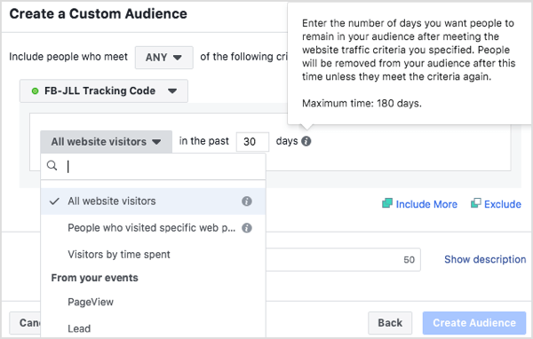 Stvorite prilagođenu publiku ljudi koji su posjetili vaše web mjesto u zadnjih 30 dana, 60 dana, 90 dana i 180 dana. 