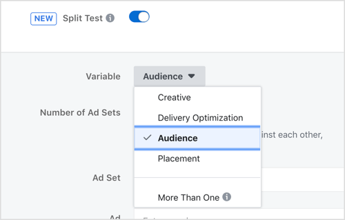 Odaberite varijablu za testiranje pomoću značajke Facebook split test.