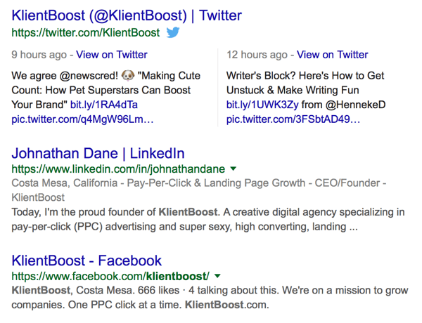 primjer pokrivanja klientboost-om na stranici rezultata pretraživanja serp
