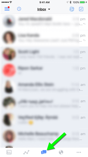 U mobilnoj aplikaciji Facebook Pages Manager taknite srednju ikonu da biste otišli u pristiglu poštu.