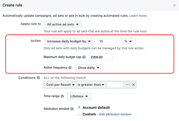Koristite Facebook automatizirana pravila, povećajte proračun kada je ROAS veći od 2, korak 2, postavke radnje