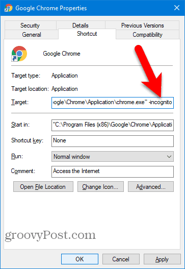 Na prečac Chrome Desktop dodajte anonimno