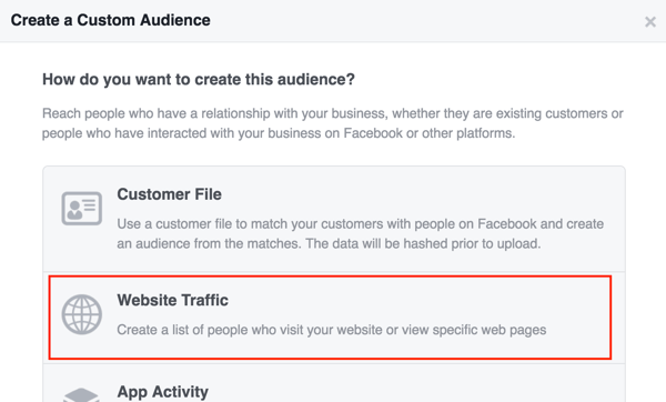 Stvorite Facebook prilagođenu publiku na temelju prometa na web mjestu.
