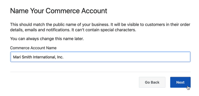 opcija dijaloškog okvira za imenovanje vašeg facebook trgovinskog računa