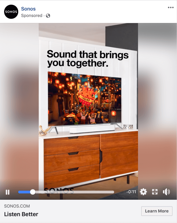 Primjer Facebook video oglasa tvrtke Sonos.