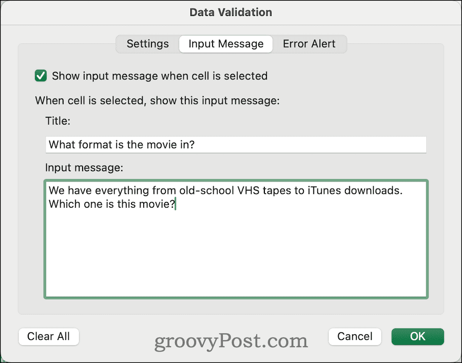 unos prilagođene ulazne poruke u validaciju podataka