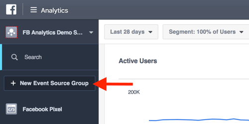 Stvorite grupe izvora događaja na nadzornoj ploči usluge Facebook Analytics.