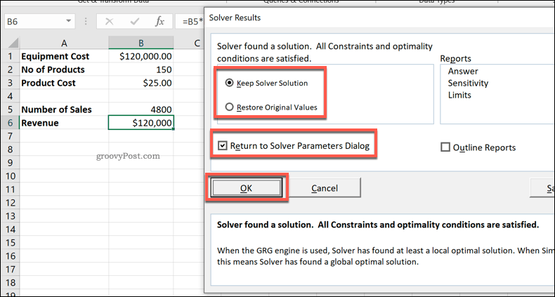 Prozor rezultata Excel Solver
