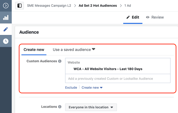 Kako konvertirati posjetitelje web stranica s oglasima Facebook Messenger, korak 2, stvoriti prilagođenu publiku web stranice