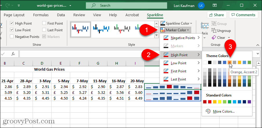 Promijenite boju markera u Excel Sparklines grafikonu