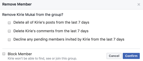 Možete ukloniti postove, komentare i pozive članova kada ih uklonite iz svoje Facebook grupe.