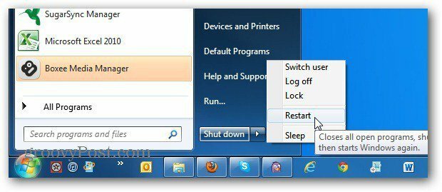 Promijenite gumb za pokretanje izbornika Windows 7 na Uvijek ponovno pokreni