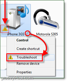 desnom tipkom miša kliknite Bluetooth uređaj i kliknite na rješavanje problema, uočite ikonu za rješavanje problema koja je predstavljena narančastim uskličnikom