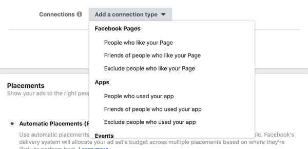 Dodajte opcije vrste veze za Facebook oglasnu kampanju.