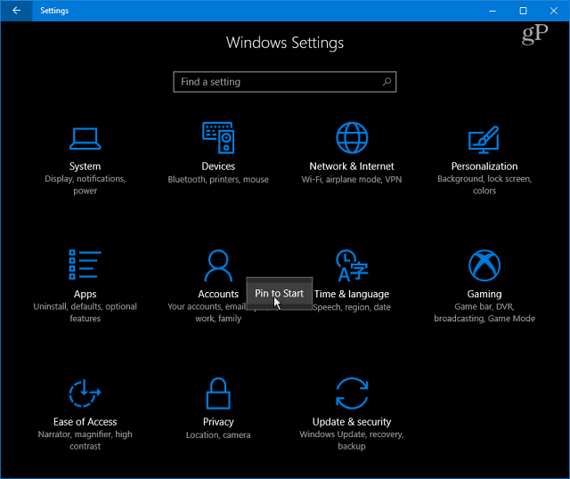 Kategorije postavki sustava Windows 10