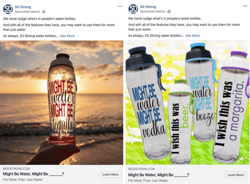 dva Facebook oglasa s različitim slikama za testiranje s Facebook eksperimentima