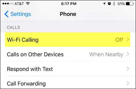 WiFi pozivanje u izborniku iPhone postavki