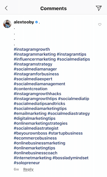 primjer komentara instagram posta @alextooby koji se sastoji od 30 relevantnih hashtagova