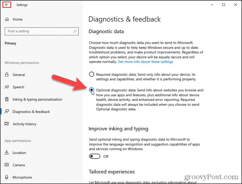 Uključite Windows 10 Opcijski dijagnostički podaci