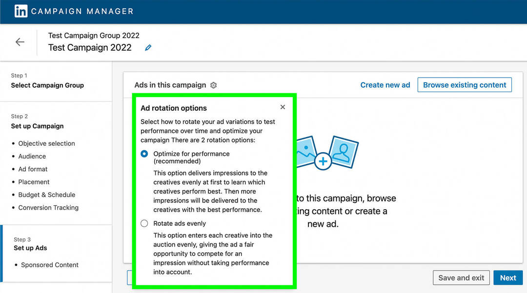 kako-eksperimentirati-s-linkedin-ad-creatives-campaign-manager-optimize-for-performance-rotate-ads-evenly-example-1