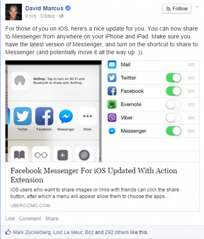 "Korisnici Facebook Messengera s iPhoneima ili iPadima sada mogu dijeliti fotografije ili veze izravno na aplikaciju nakon ažuriranja iOS aplikacije."