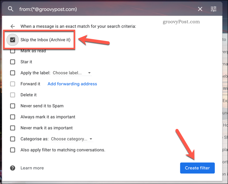 Preskakanje pravila Gmail filtera