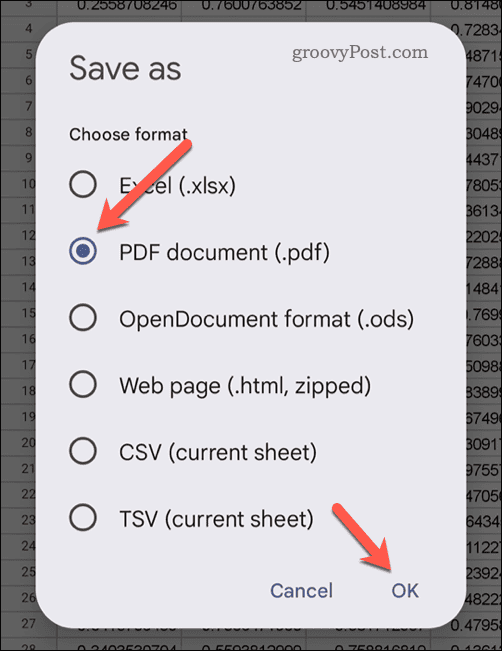 Izvoz kao PDF u Google tablice