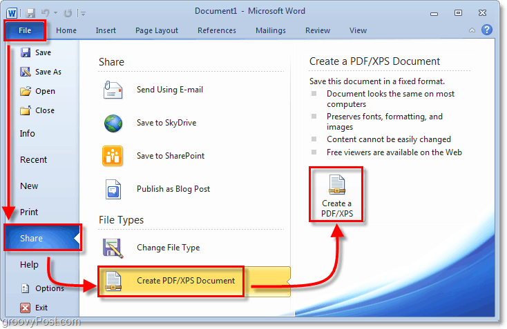 spremite dokument pomoću opcije dijeljenja pdf-a u sustavu Office 2010