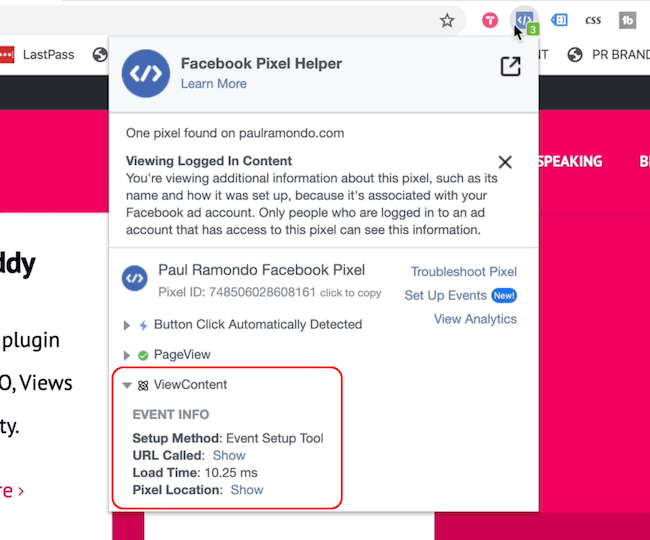 Facebook Pixel Helper koji prikazuje događaje prikaza stranice i prikaza sadržaja
