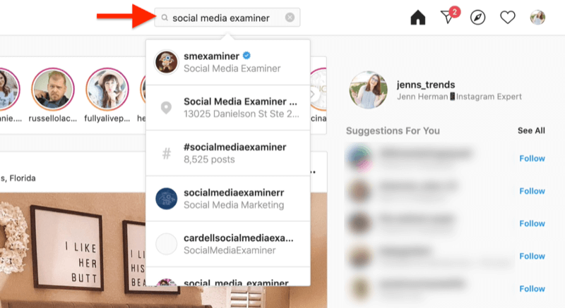 snimka zaslona radne površine koja prikazuje pretraživanje instagram računa pomoću pojmova za pretraživanje ispitivača društvenih medija