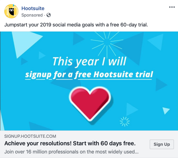 Facebook tehnike oglašavanja koje donose rezultate, primjer tvrtke Hootsuite koja nudi besplatno probno razdoblje