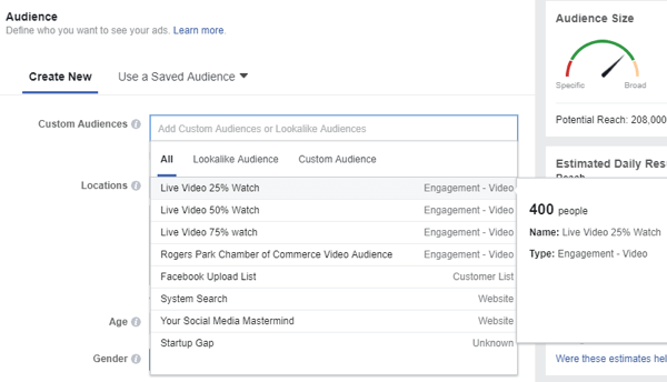 Kada odaberete publiku za svoj Facebook oglas, svakako odaberite prilagođenu publiku ljudi koji su gledali vaše videozapise uživo.