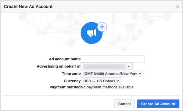 Upotrijebite naziv tvrtke kada budete upitani za imenovanje vašeg novog Facebook računa oglasa.