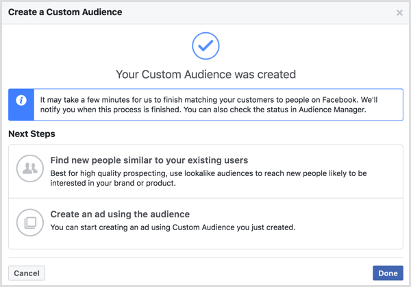 Poruka o vašoj prilagođenoj publici je stvorena koja se pojavljuje nakon što stvorite prilagođenu publiku na Facebooku