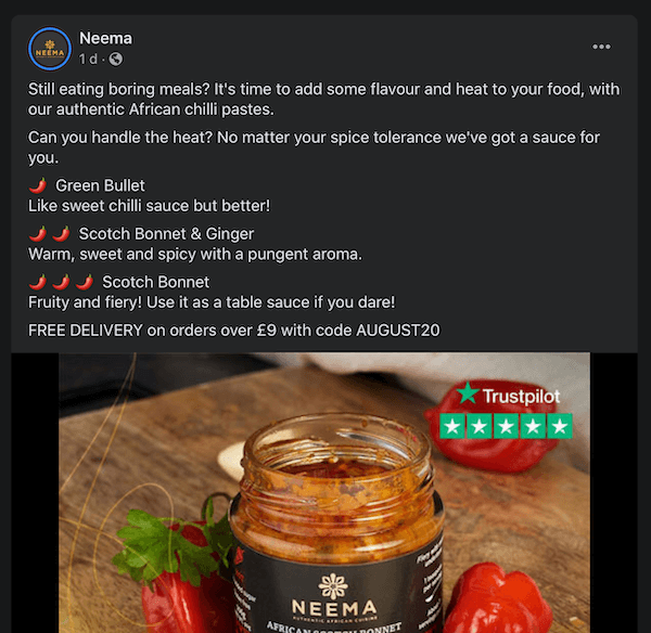 facebook post neema raspravljajući o njihovim raznim chilli pastama i nudeći popust