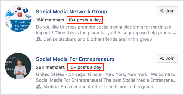 primjeri broja postova dnevno za Facebook grupu
