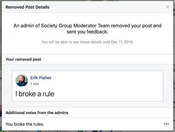 Čini se da Facebook Grupe daju administratorima mogućnost da podijele razlog zašto je post uklonjen osobi koja ga je objavila.