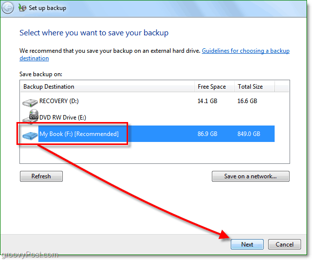 Windows 7 sigurnosna kopija - odaberite mjesto sigurnosnog kopiranja