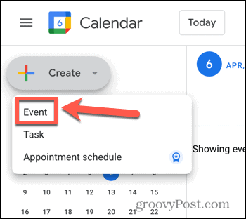 Snimka zaslona opcije stvaranja događaja za Google kalendar