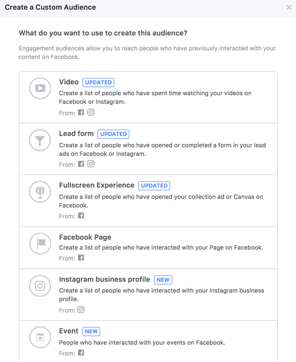 Kada kreirate Facebook publiku, možete birati između nekoliko različitih vrsta angažmana.