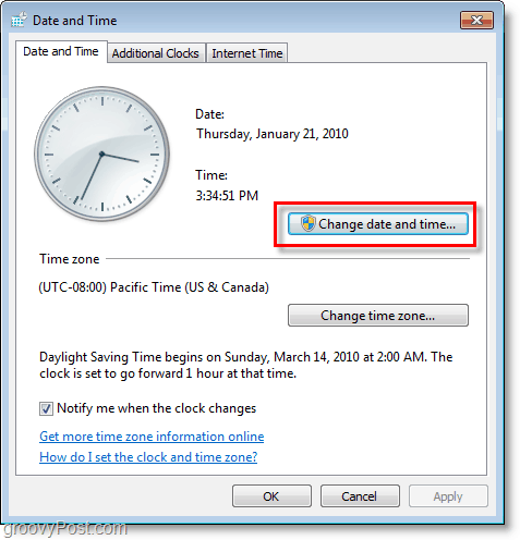 Snimak zaslona sustava Windows 7 - promijenite datum i vrijeme
