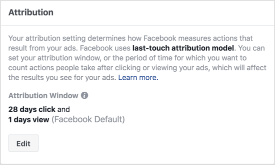 Zadane postavke prozora atribucije na Facebooku prikazuju radnje poduzete u roku od 1 dana od pregleda vašeg oglasa i unutar 28 dana od klika na vaš oglas. 