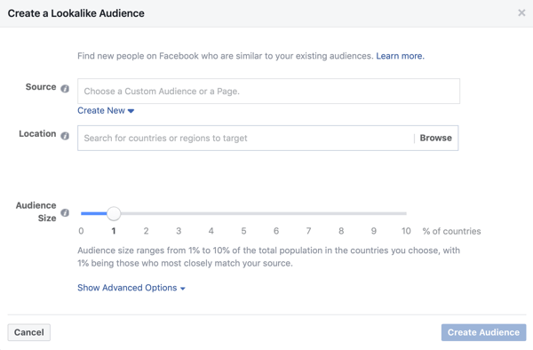 Postavljanje ako se koristi publika slična publici za Facebook oglasnu kampanju.