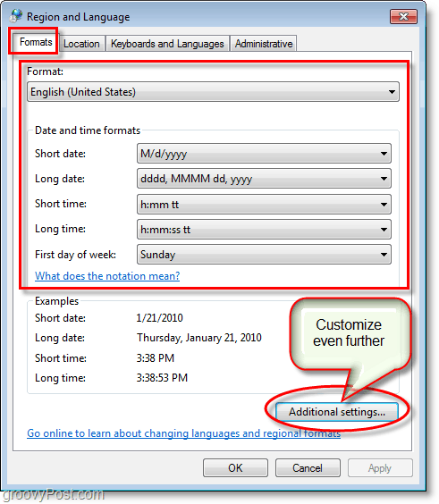 Snimke zaslona za Windows 7 mijenjaju postavke formata regije i jezika